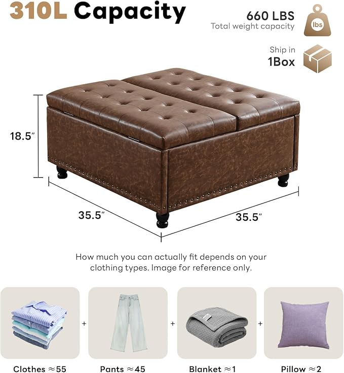 Tbfit Large Square Storage Ottoman Bench, Tufted Upholstered Coffee Table - Image 2