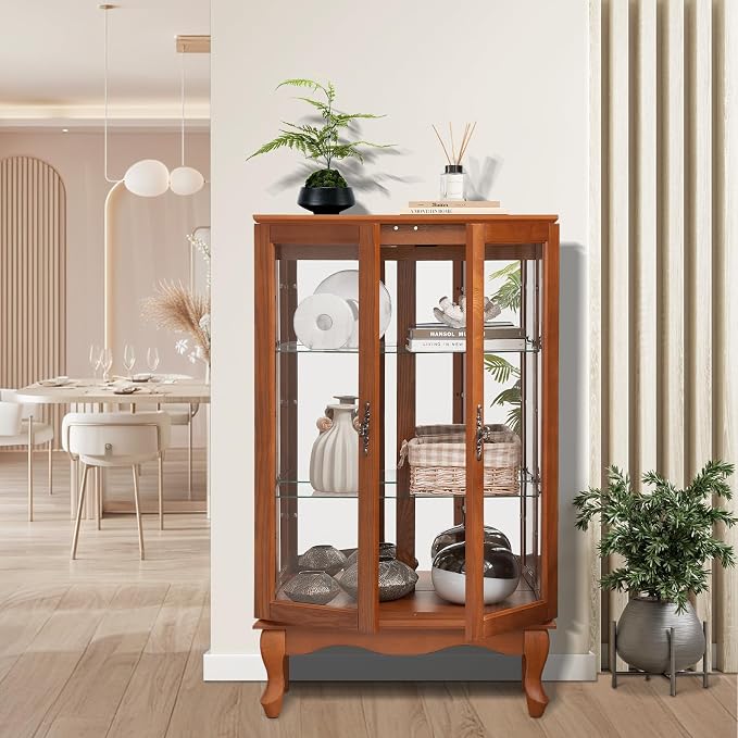 Curio Cabinet With Lighted Tall Leg Glass Door, Antique Display With Mirrored - Image 6