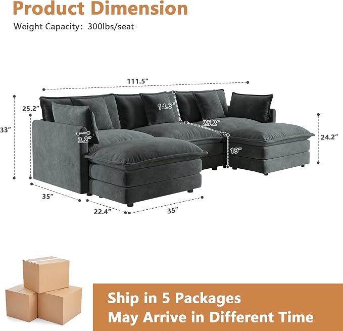 mikibama Modular Sectional Sofa, 111.5 Inch U Shaped Couch Set - Image 2