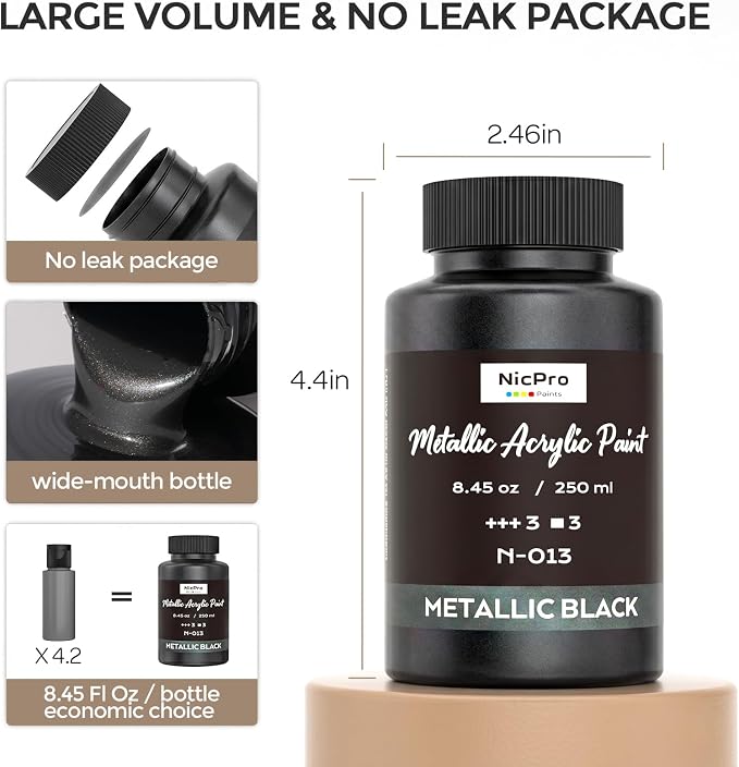 Nicpro Metallic Black Acrylic Paint, 8.45oz/250ml Large Pearlescent Acrylic - Image 4