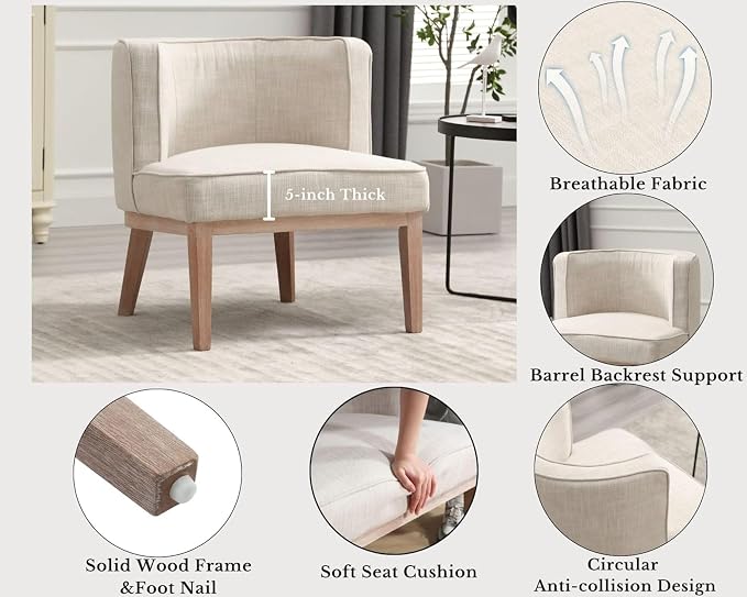 Beige Barrel Chair with Solid Wood Frame, Small Round Accent Chair, Comfy Linen - Image 7