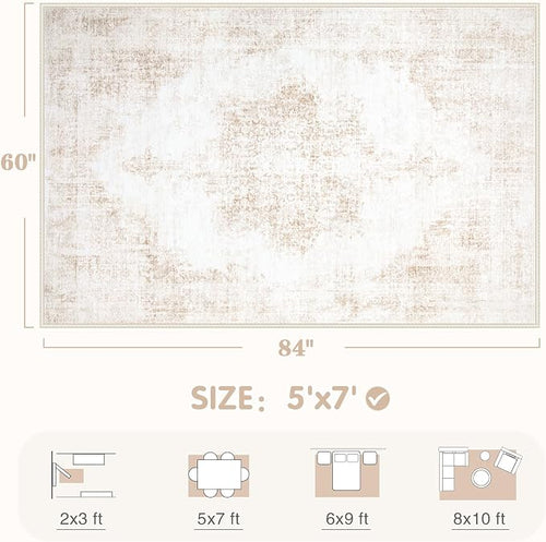 Area Rug 5x7 Vintage Rug: Washable Living Room Rugs Retro Medallion Distressed - Image 2