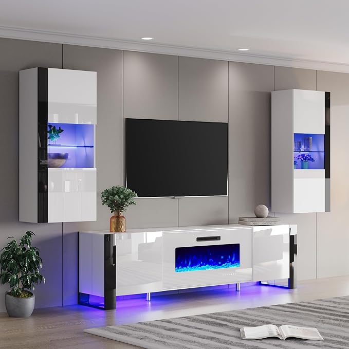 AMERLIFE 3 Piece Modern Wall Unit Entertainment Center Set, High Gloss 70" - Image 7