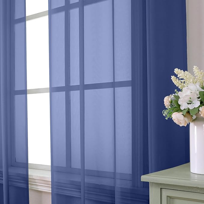 Aiyufeng Royal Blue Sheer Curtains 63 Inch Length 2 Panels Set, Semi - Image 3