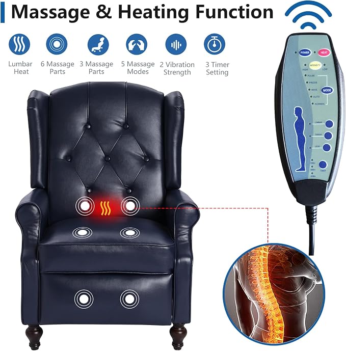 Wingback Recliner Chair with Massage and Heat, Tufted PU Leather Push Back - Image 3