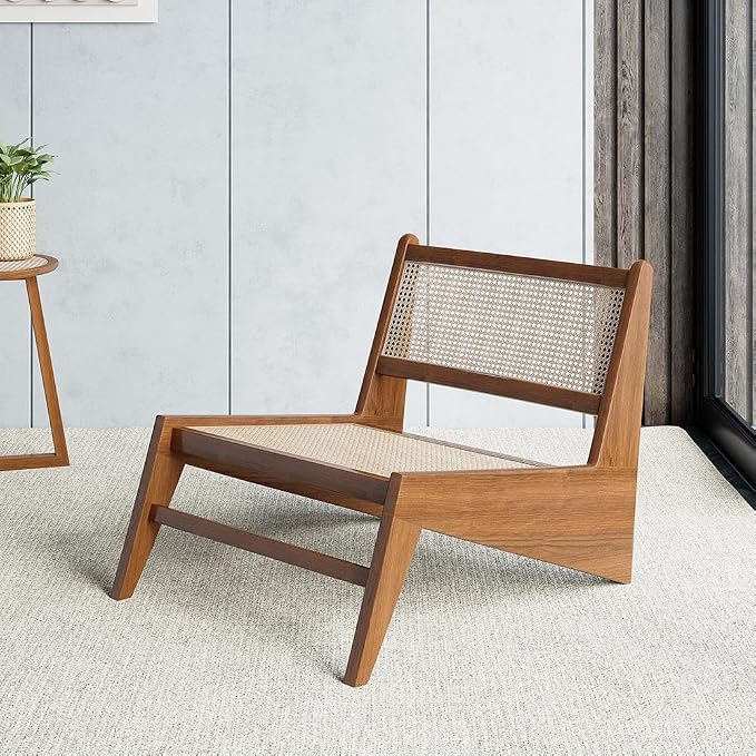 homary Mid Century Modern Chair Japandi Walnut Rattan and Wood Lounge Chairs - Image 4