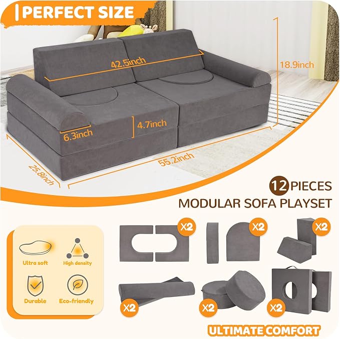 12-Piece Modular Kids Play Couch – Premium Soft Foam, Removable Cover, - Image 2