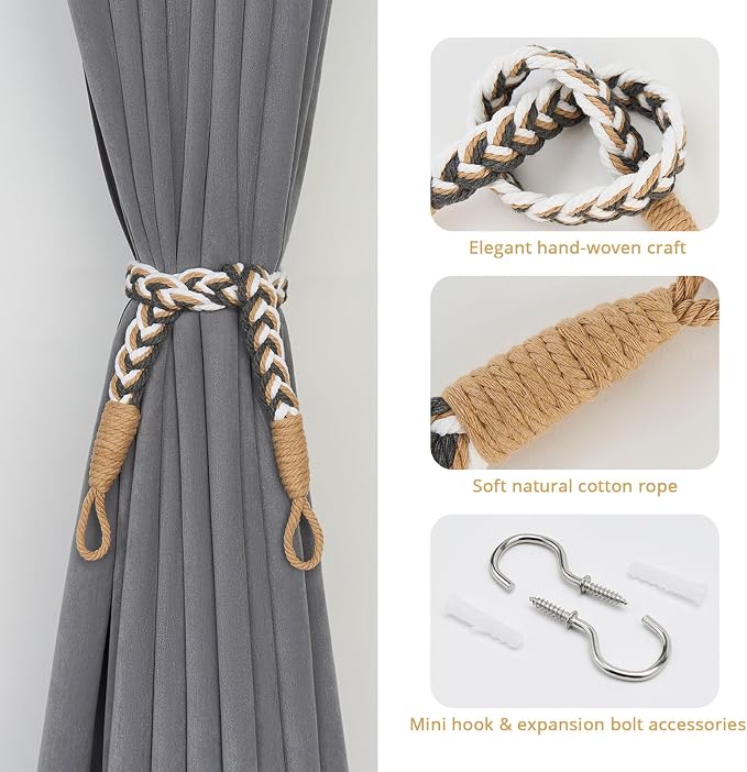 NICEEC 2 Pack Natural Cotton Rope Curtain Tiebacks Elegant Boho Style - Image 2