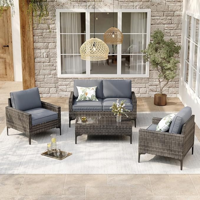 JOYURE 4-Piece Patio Furniture Set, Outdoor Wicker Patio Conversation Set by JOYURE