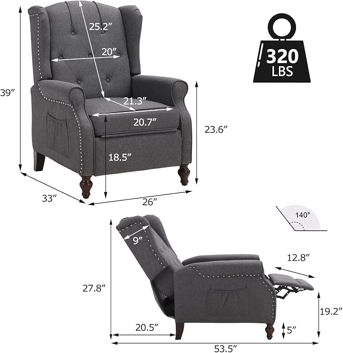 Wingback Recliner Chair with Massage and Heat, Tufted Fabric Push Back Recliner - Image 2
