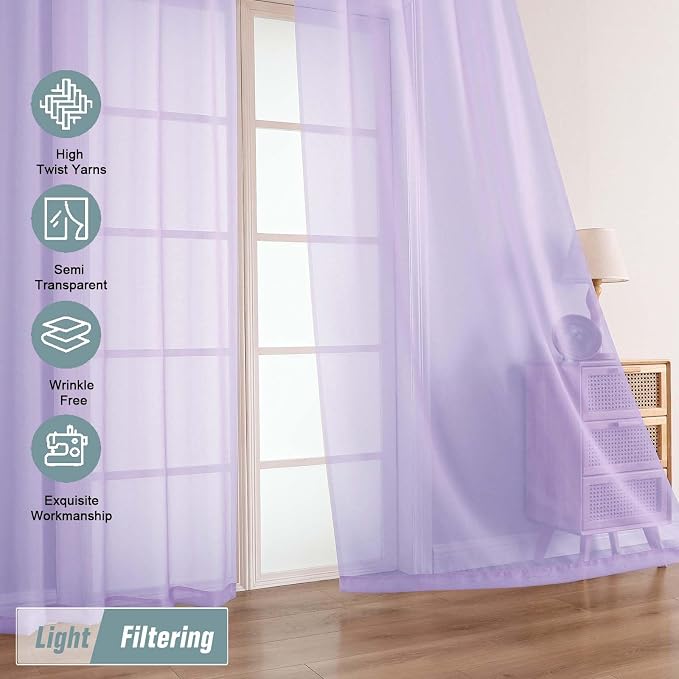 Lavender Sheer Curtains 63 Inch Length 2 Panels, Voile Sheer Curtain - Image 5