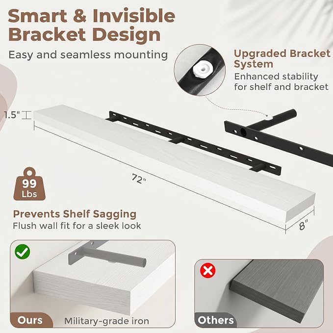 FLYJOE Floating Shelves for Wall, 72 Inch Floating Shelves Set of 2, Kitchen - Image 2