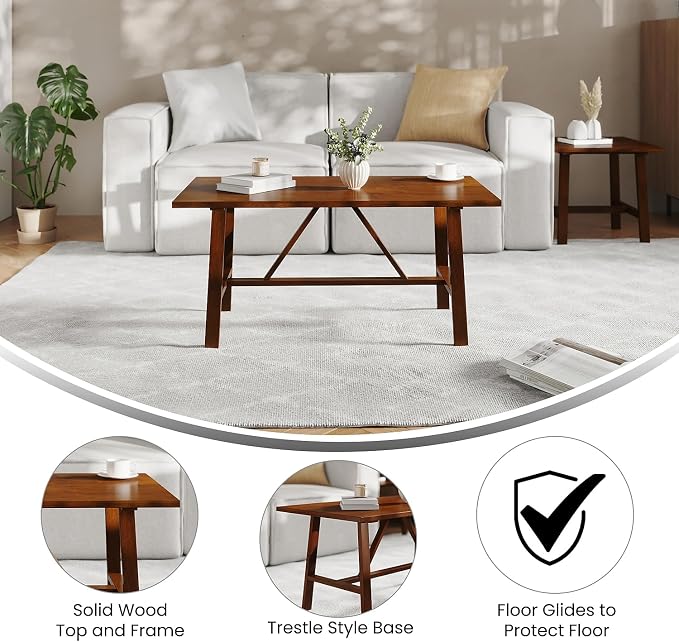 Flash Furniture Eli Farmhouse Trestle Coffee Table, Rustic Solid Wood Coffee - Image 4