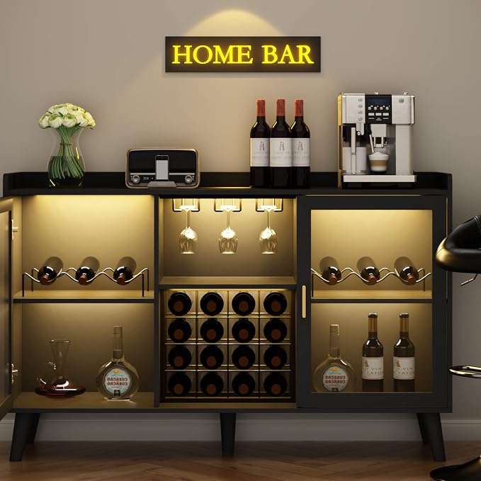 Auromie Wine Bar Cabinet with Led Light, Home Coffee Cabinet with Wine and - Image 10