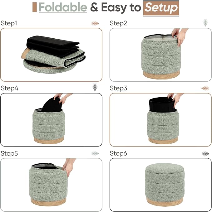 Round Storage Ottoman with Reversible Tray Lid, Folding Chenille Fabric - Image 7