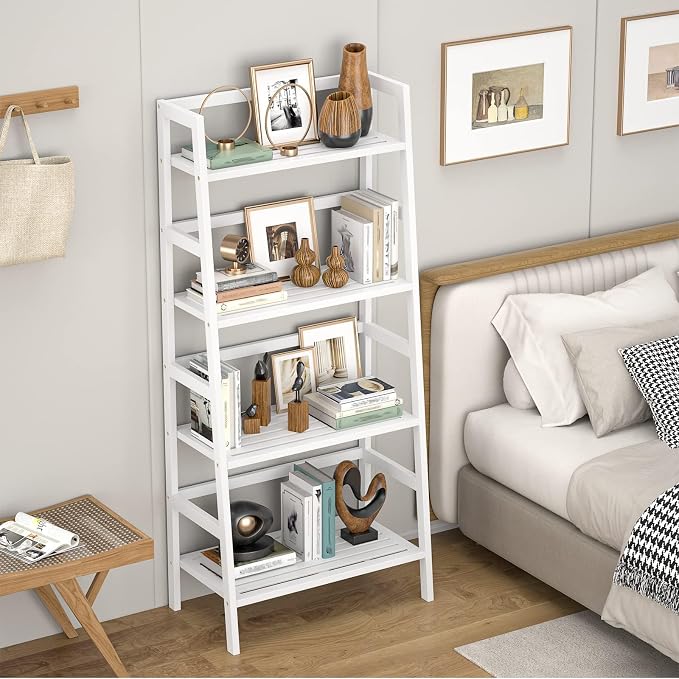 Homykic Ladder Shelf, 4-Tier Bamboo Ladder Bookshelf, 49.2” White Book Shelf - Image 4