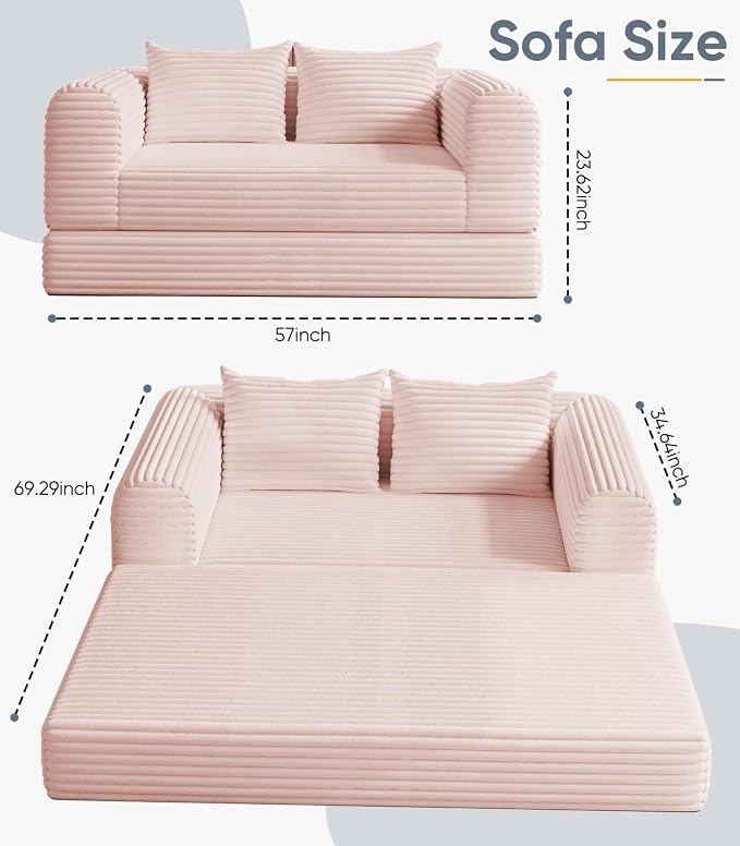 Versatile 2 in1 Loveseat Pink Accent Chair Couch Convertible Boneless Chaise - Image 2