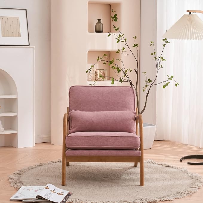VINGLI Linen Pink Comfy Accent Chair, Mid Century Modern Lounge Armchair - Image 9