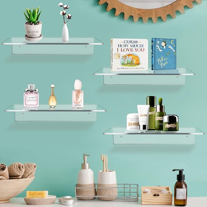 Jansburg 12 Inch L-Shaped Acrylic Floating Shelf Clear Wall Mounted Shelves - Image 2