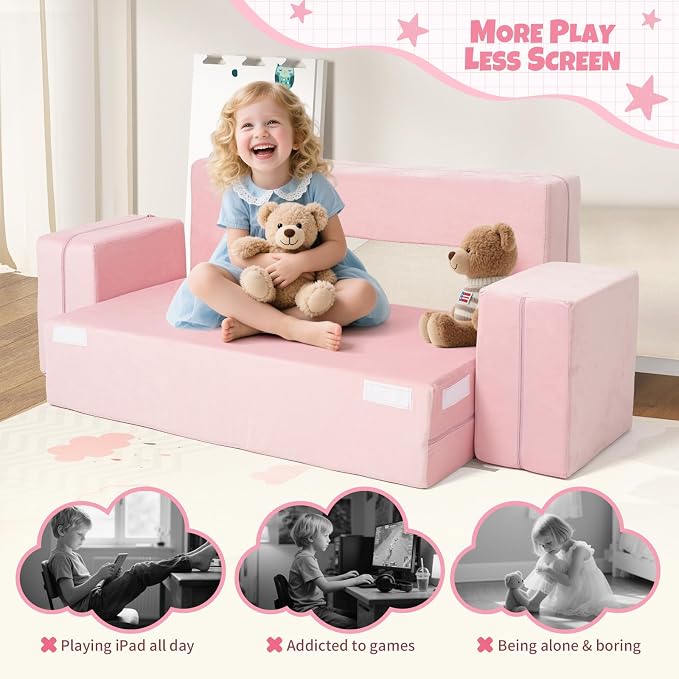 5 Pcs Modular Kids Play Couch, Toddler Couches That Fold Out, Plush Foam Chair - Image 6