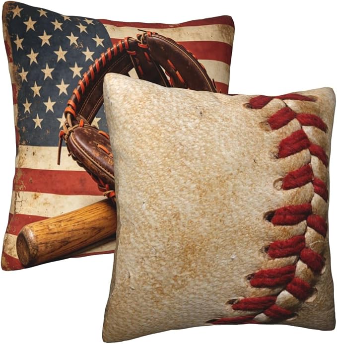 Baseball with American Flag Pillow Covers 18x18 Set of 2, Vintage Baseball - Image 4