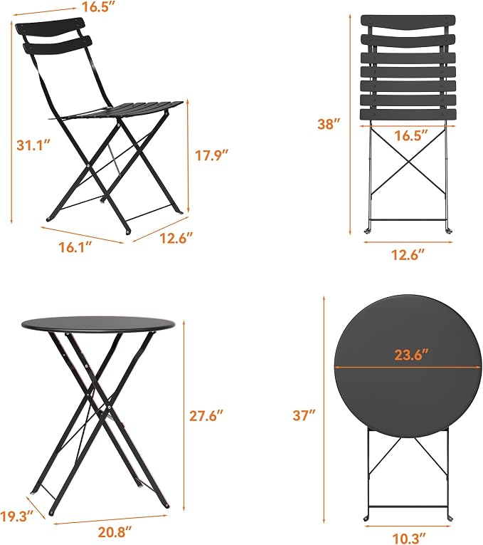 GarveeLife 3 Piece Patio Bistro Set, Folding Patio Bistro Table and Chairs Set - Image 8