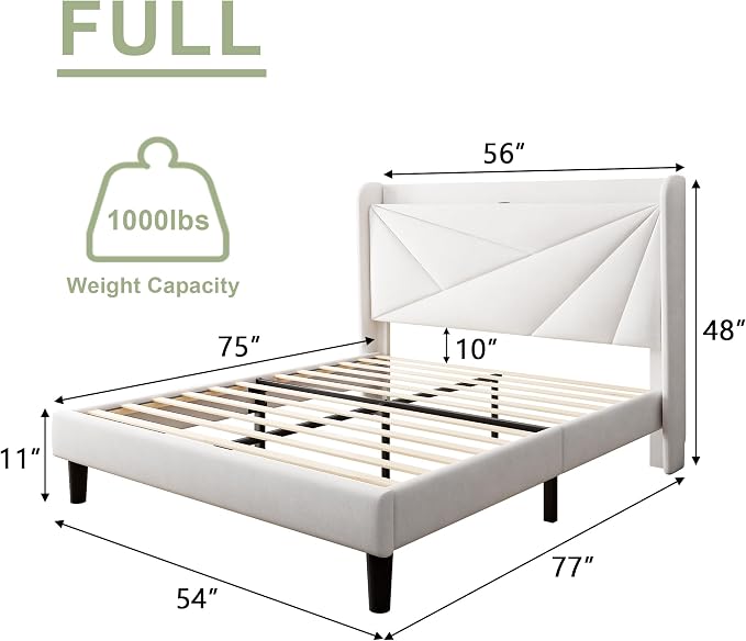 Feonase Full Bed Frame with Charging Station, Velvet Upholstered Platform - Image 2