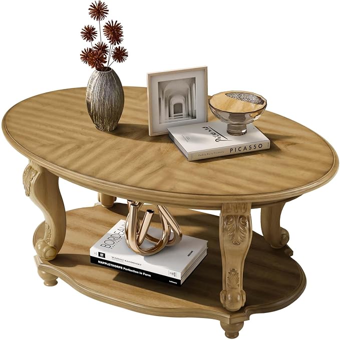 Oval Wood Coffee Table for Living Room, 2-Tier Solid Wood Coffee Table by FGXJY