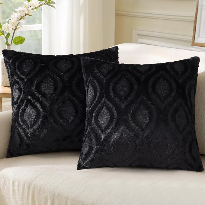 decorUhome Throw Pillow Covers 16x16 Inch Set of 2, Soft Plush Faux Wool Black by decorUhome