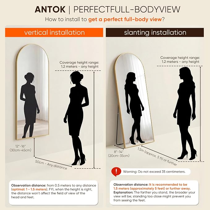 Antok 68" x26” Arched Full Length Floor Mirror, Free Standing/Wall Mount/Leaning - Image 8