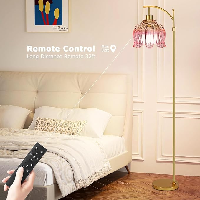 QIYIZM Pink Floor Lamp for Living Room, Glass Gold Dimmable Standing Lamp - Image 4