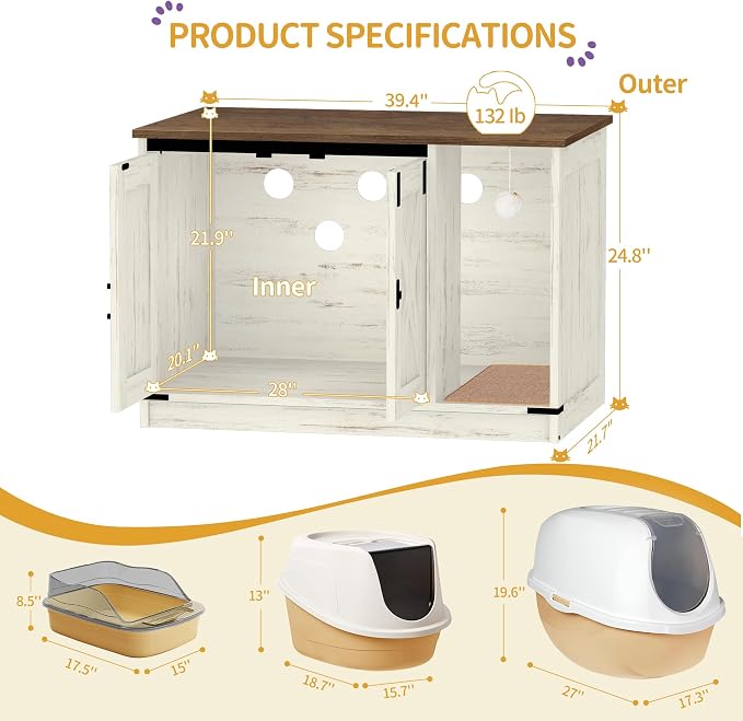 Hzuaneri Cat Litter Box Enclosure, Hidden Litter Box Cabinet Furniture - Image 4