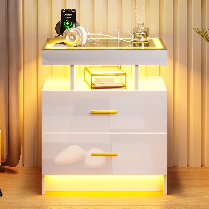 HNEBC LED Nightstand with Charging Station High Gloss Bedside Table with 2 - Image 8