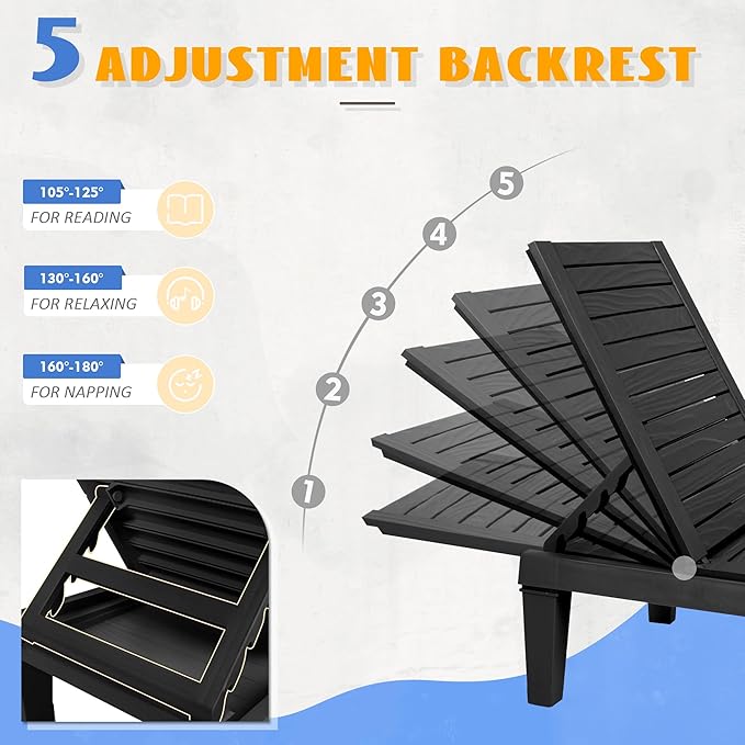 Outdoor Chaise Lounge Chairs Set of 4, 5-Position Adjustable Heavy Duty Tanning - Image 5
