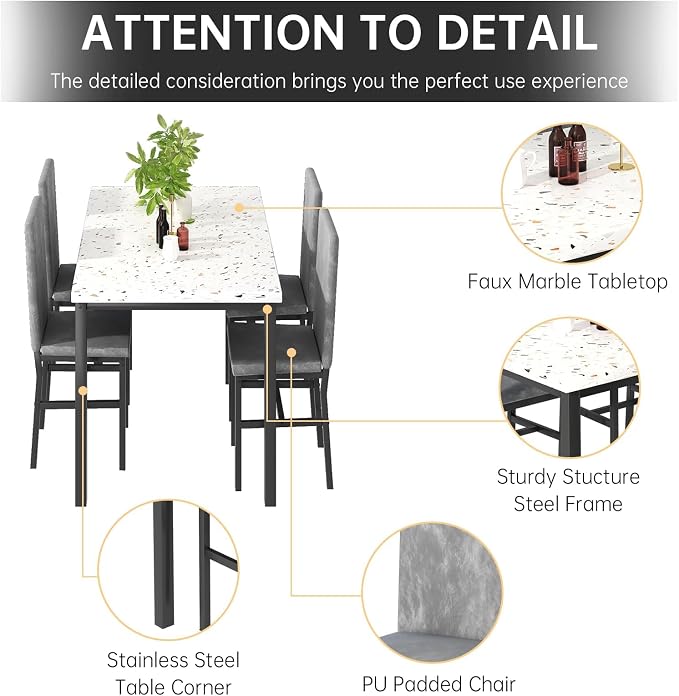 AWQM 5 Piece Dining Table Set for 4, Faux Marble Kitchen Table and Chairs for 4 - Image 4