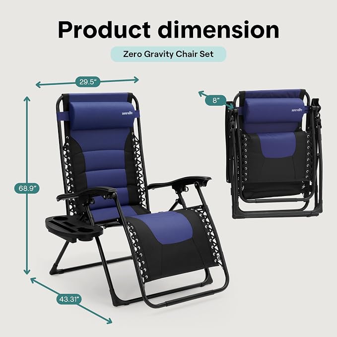 SereneLife Oversized Padded Zero Gravity Lounge Chair, Foldable Outdoor Patio - Image 3