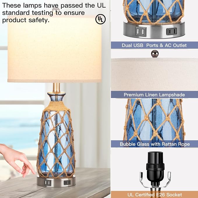 Ruzectt 25.5" Coastal Glass Table Lamps Set of 2, 3-Way Dimmable Touch Control - Image 7