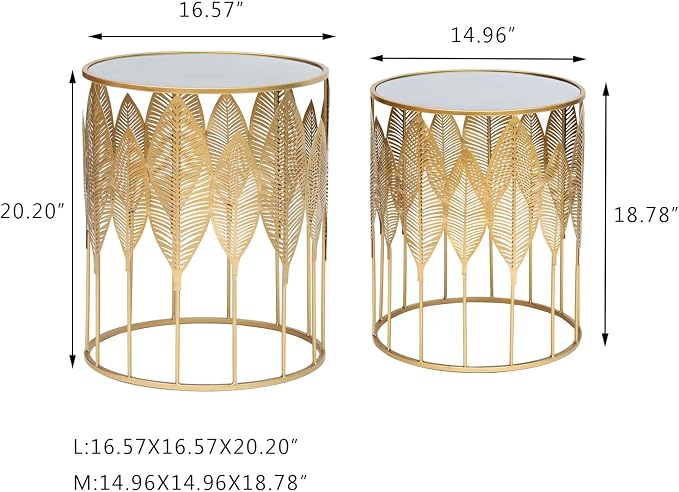 Homebeez Gold Nesting Tables Set of 2, Glam Leaf Design Round End Table - Image 3