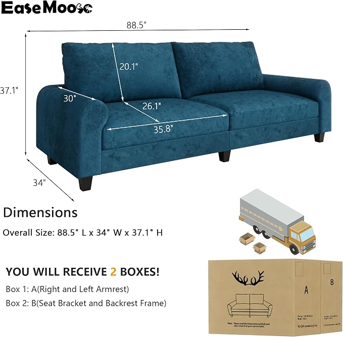 EASE MOOSE 88.5" Large Seat Velvet Loveseat Sofa, Soft Deep Seat Couches - Image 2