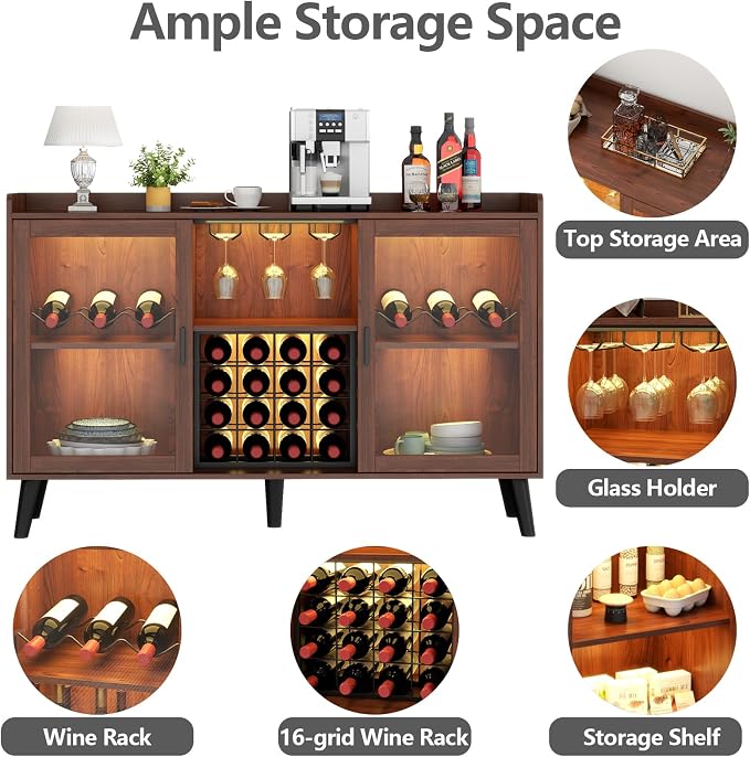 Loomie Wine Bar Cabinet with LED Light, Home Coffee Cabinet with Wine Rack and - Image 4