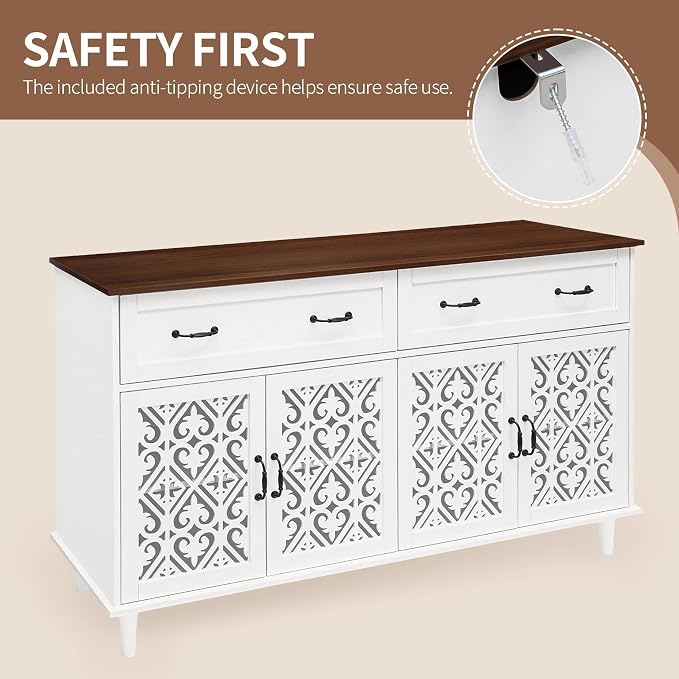 59″ White Bohemia 4 Heart Shaped Carved Doors, 2 Drawers and 2 Adjustable - Image 6
