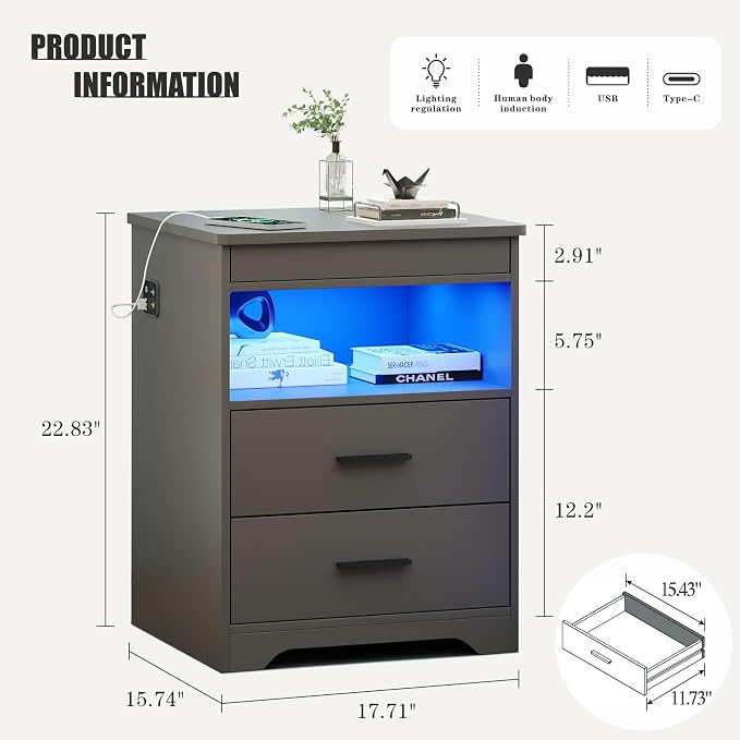 Nightstand with Gun Drawer, Charging Bedside Table with USB & Type-C Port - Image 2