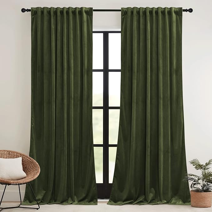 RYB HOME Green Velvet Curtains 84 inch, Solid Room Darkening Window Curtains - Image 2