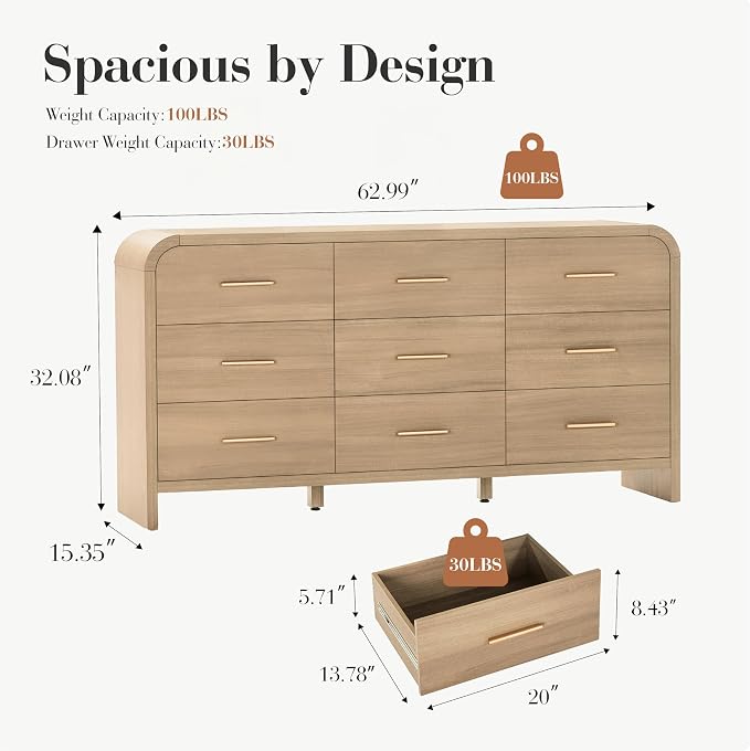 Curved 9-Drawer Dresser for Bedroom, Vanity Desk TV Stand for Living Room - Image 2