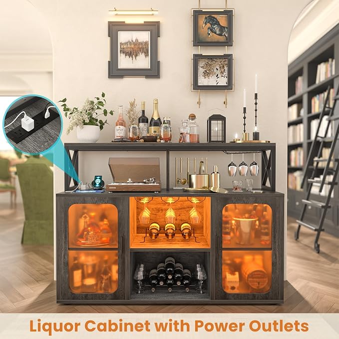 Aheaplus Bar Cabinet with Power Outlets, Liquor Cabinet with Led Lights and - Image 3