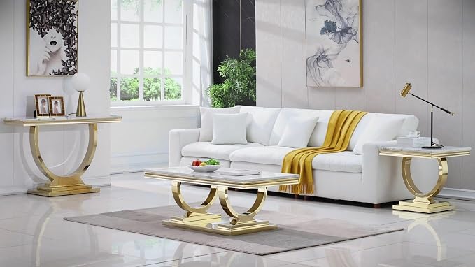 Henf 47" Marble Coffee Table Modern White Faux Marble Center Table - Image 5