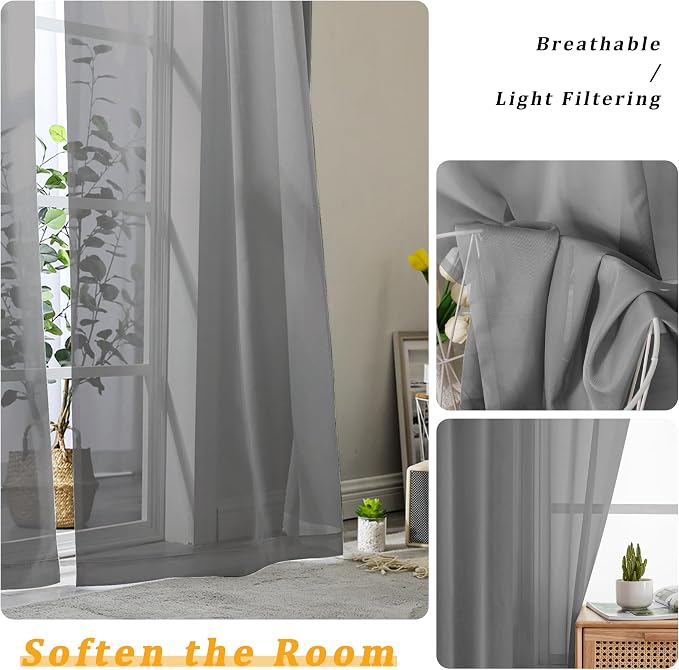 Gwine Charcoal Grey Sheer Curtains 63 Inch Length - Image 3