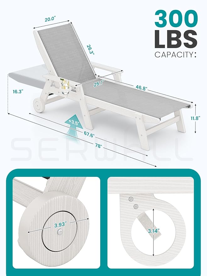 SERWALL Textilene Patio Chaise Lounge Chair, 5 Positions Adjustable Outdoor - Image 2