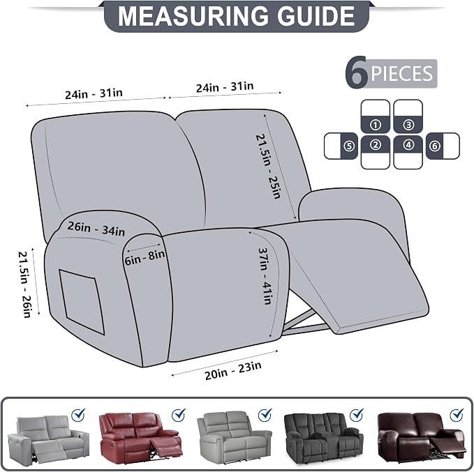 ANARACHON Leather Look Loveseat Recliner Cover, 6-Pieces Stretch Dual Recliner - Image 2