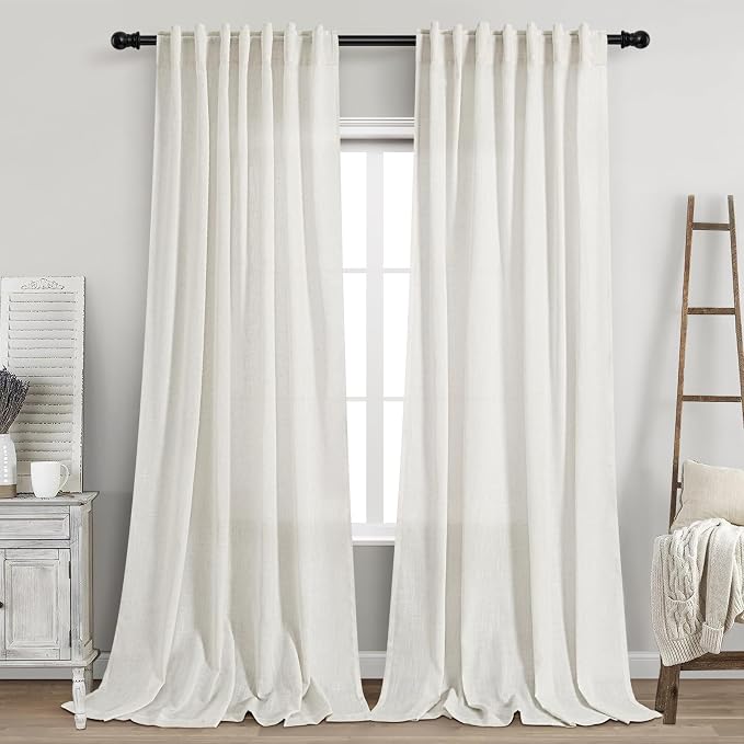 Beige White Linen Curtains 90 Inch Long 2 Panels Set by Nanspring